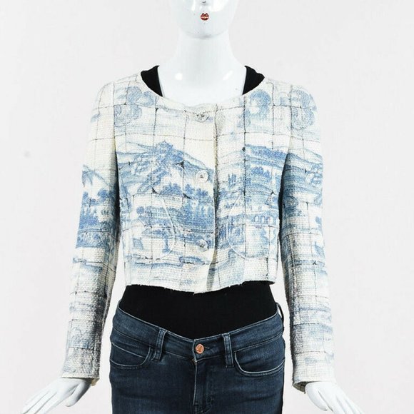 Prada Jackets & Blazers - Prada Cream Light Blue boucle Tweed Print Crop Jacket SZ 40 toile delft majolica